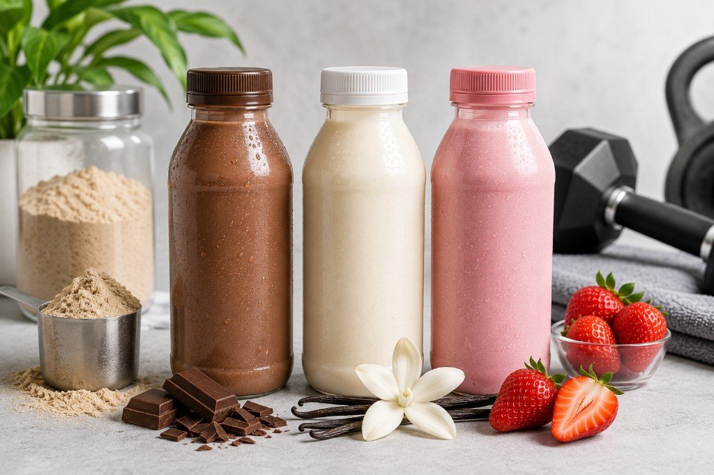 Protein beverages — chocolate, vanilla and strawberry drinks