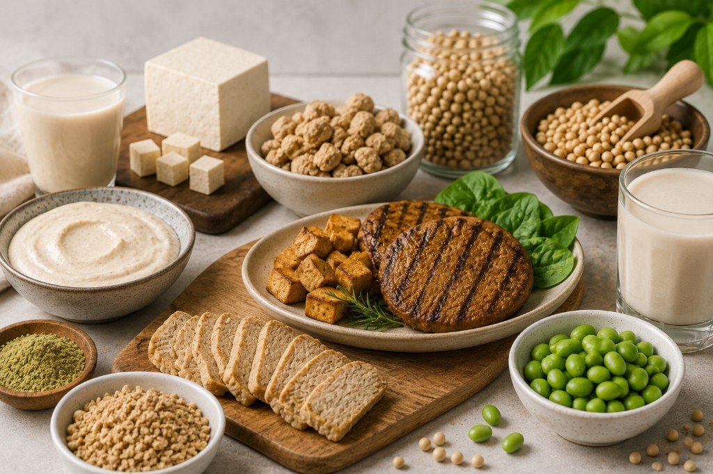 Plant-based foods including tofu, patties and dairy alternatives