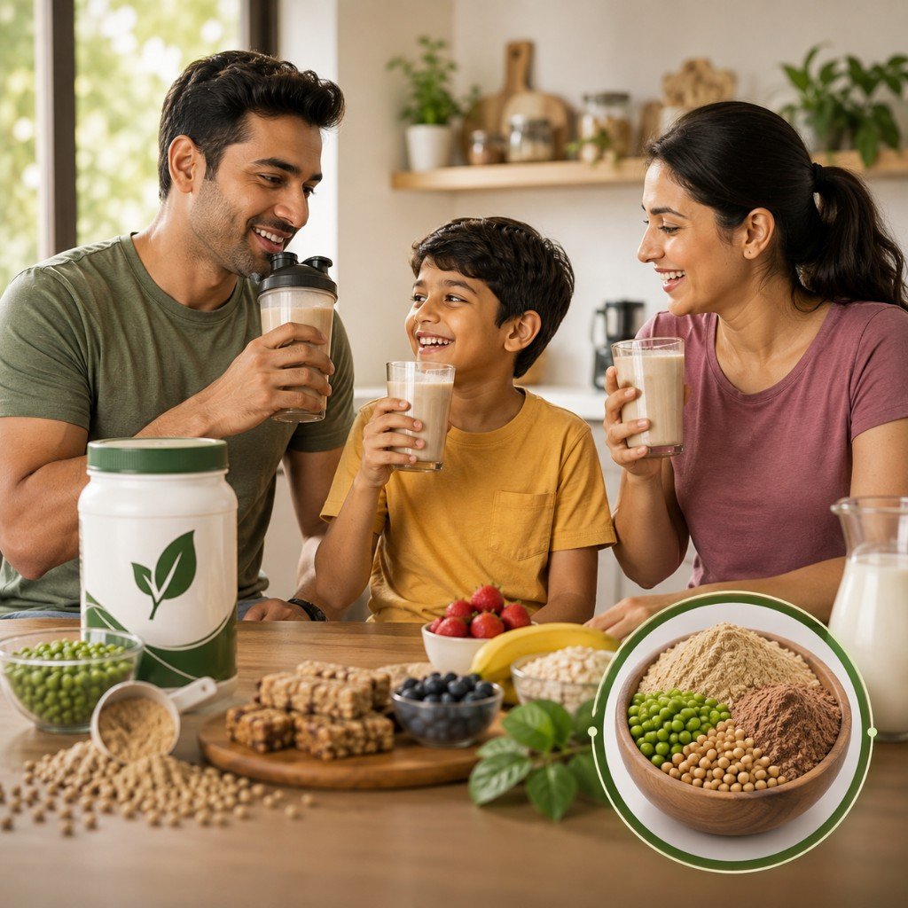 Family enjoying plant protein products